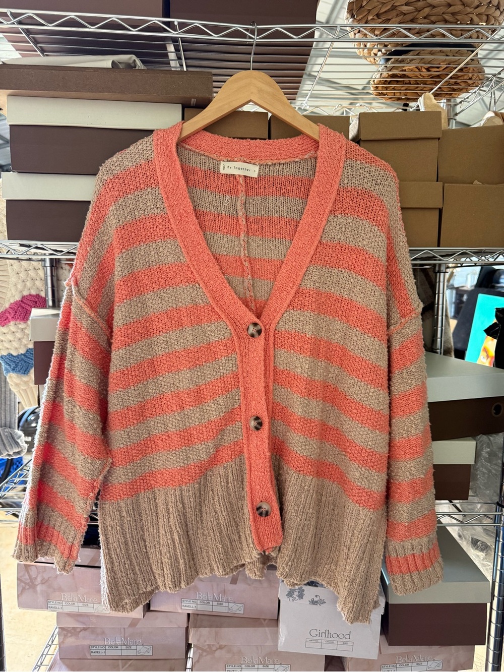 By Together Coral and Taupe Striped Button-Front Cardigan